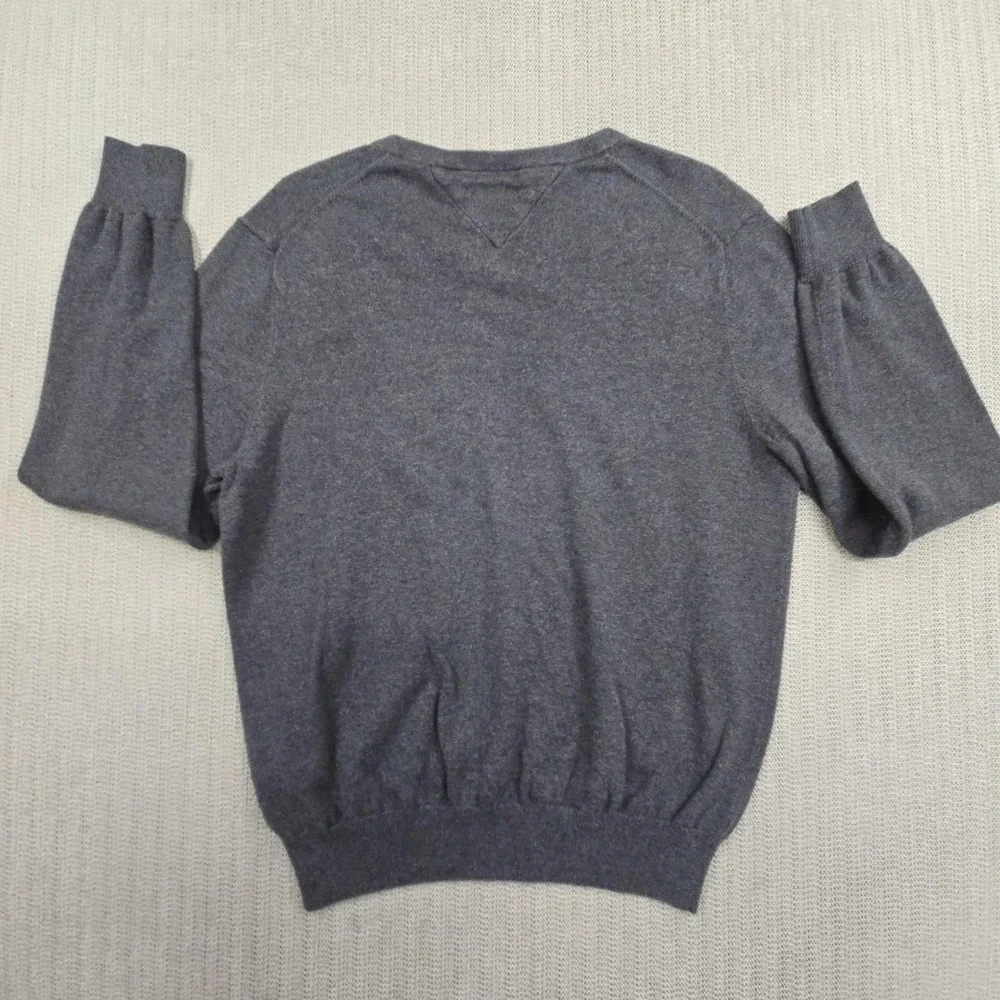 Tommy Hilfiger Sweater Mens Small Gray V Neck Logo Premium Cotton Knit Pullover